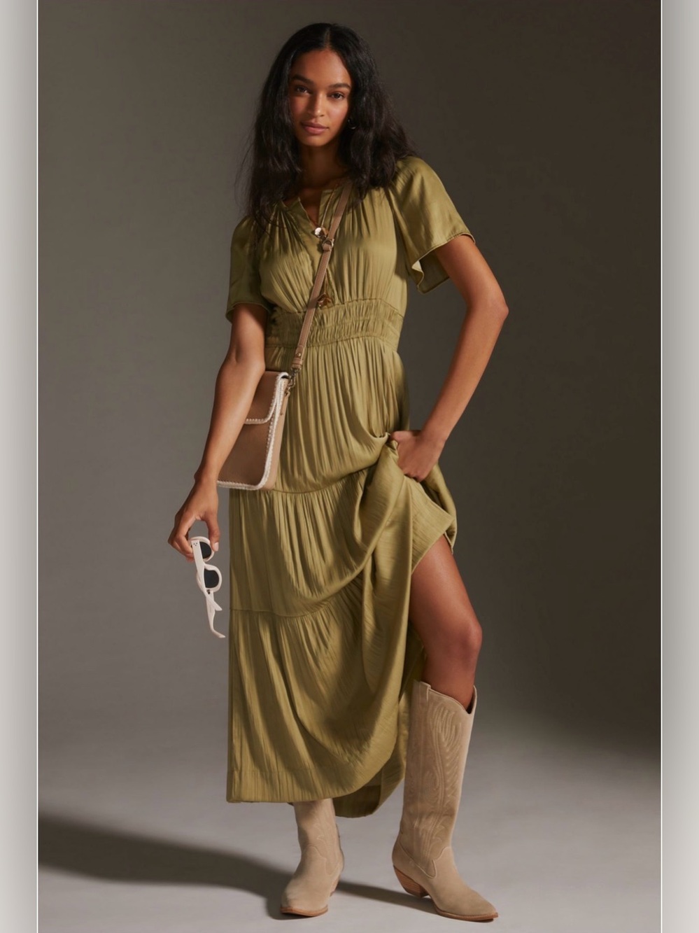 Anthropologie Somerset Maxi Dress Green Lumensilk Satin XXS